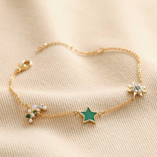 Green Enamel Star Sun and Moon Charm Bracelet in Gold - P I C N I C 