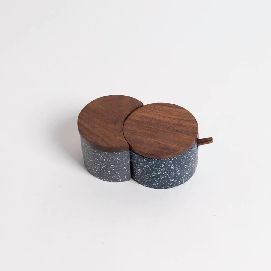 Speckled Cement Salt and Pepper Set with Wood Lid and Spoon - P I C N I C 