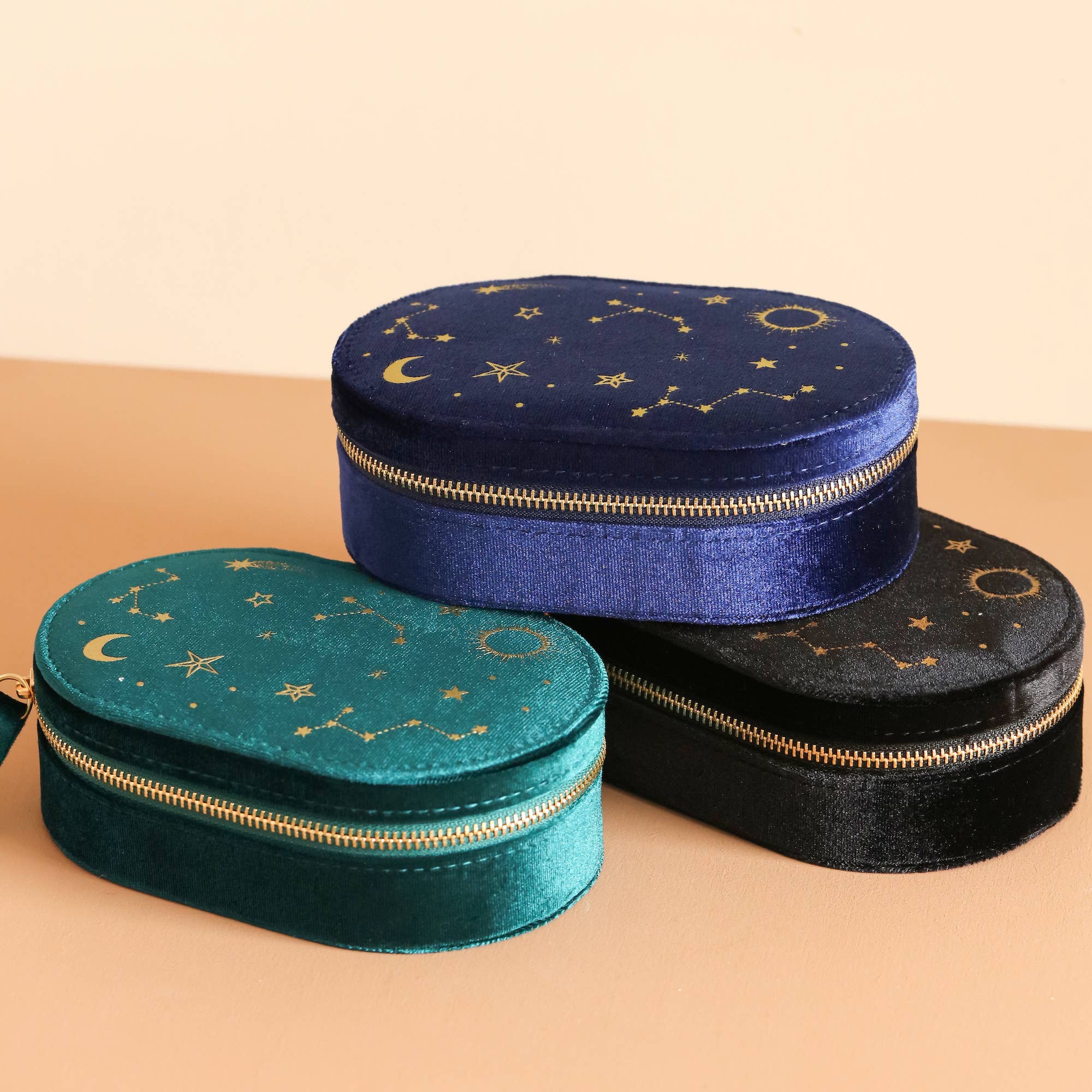 Starry Night Printed Velvet Oval Jewelry Case in Teal - P I C N I C 